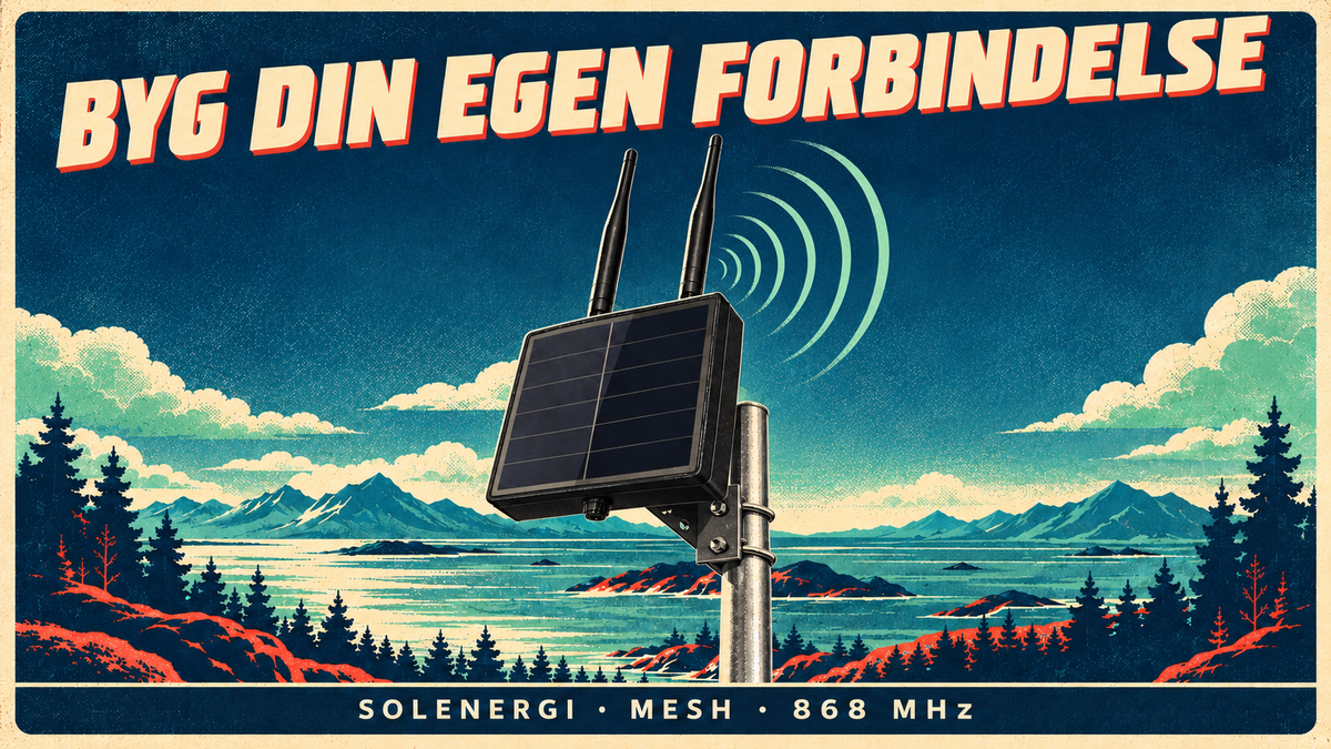 Solcelledrevet mesh-node monteret på en mast – retrofuturistisk plakat