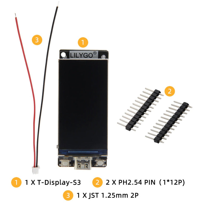 LilyGO TTGO T-Display S3 ESP32-S3 med pin headers loddet på, JST kabel til at forbinde til et batteri
