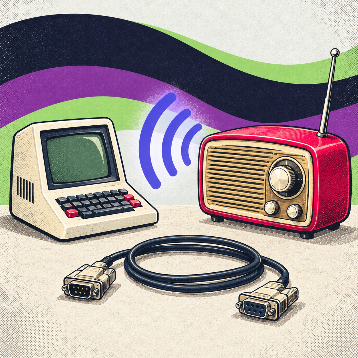 Image of Illustration of a vintage computer terminal and radio using a wireless connection, with an unplugged serial cable below.
