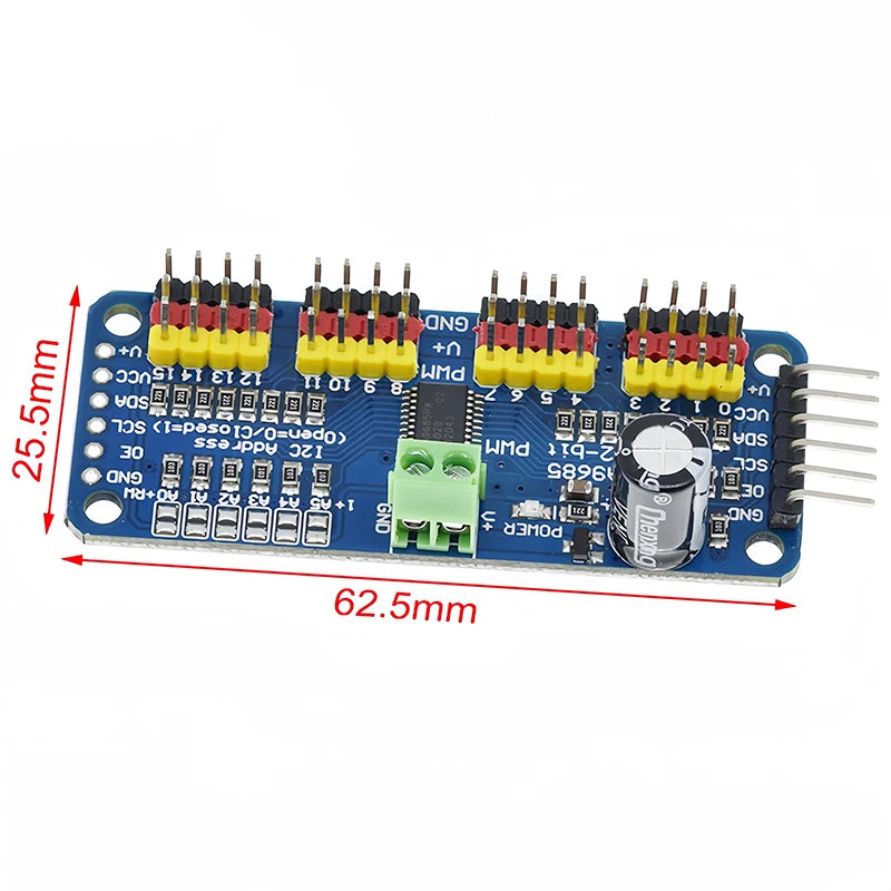 Image of PCA9685 16-kanals PWM Servo Driver I2C Modul størrelse
