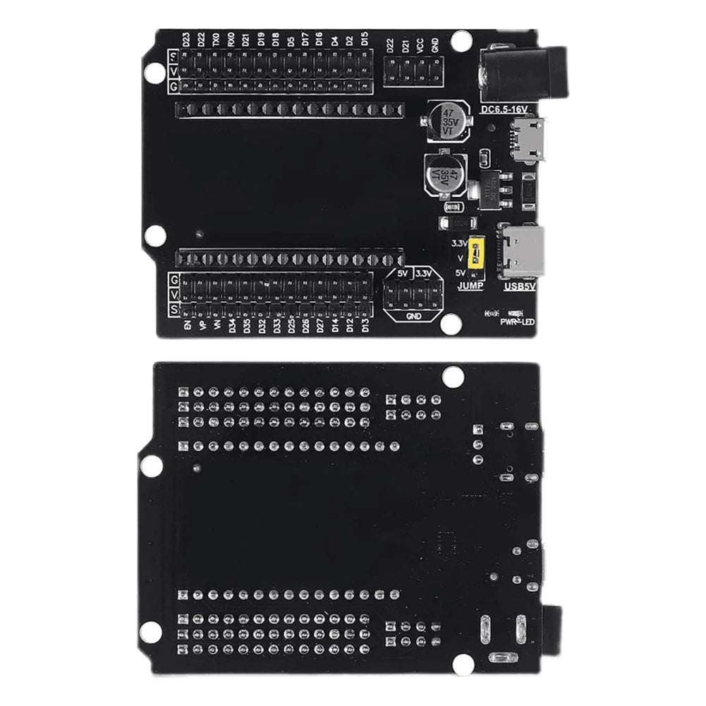 Image of forsiden og bagsiden af et ESP32 udvidelsesboard