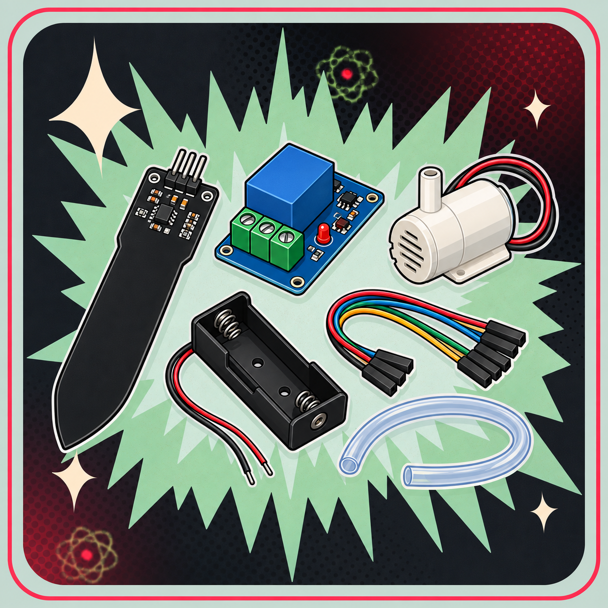 Illustration af DIY-vandingssæt med kapacitiv jordfugtighedssensor, relæ, pumpe, batteriholder, jumperkabler og 50 cm slange