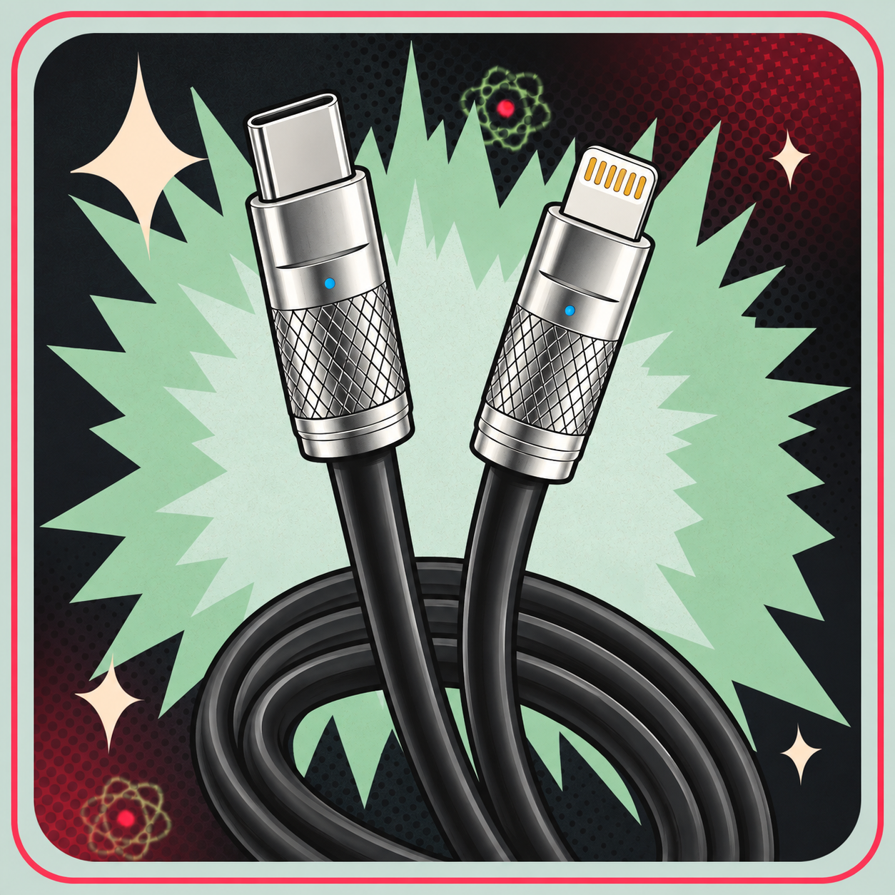 Image of USB-C til Lightning-kabel, flydende silikone – eBits retroillustration