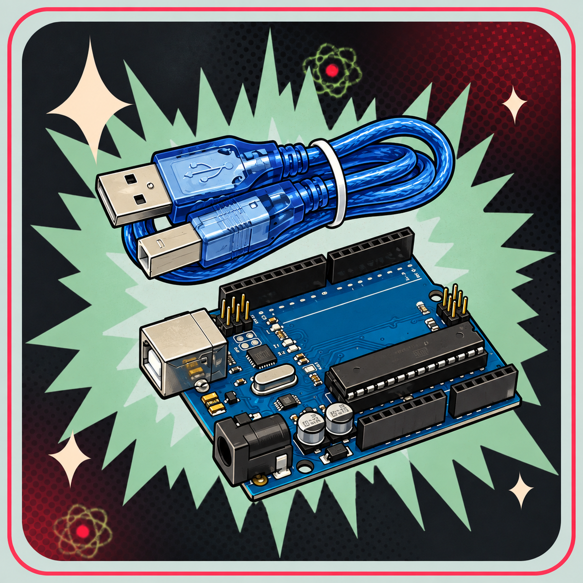 Arduino Uno R3 med USB kabel – eBits retroillustration