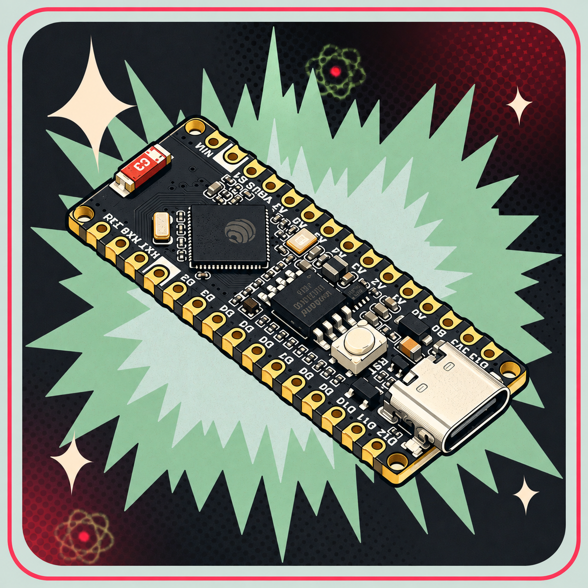 ESP32 S3 Nano M udviklingsboard på eBits' retrobaggrund
