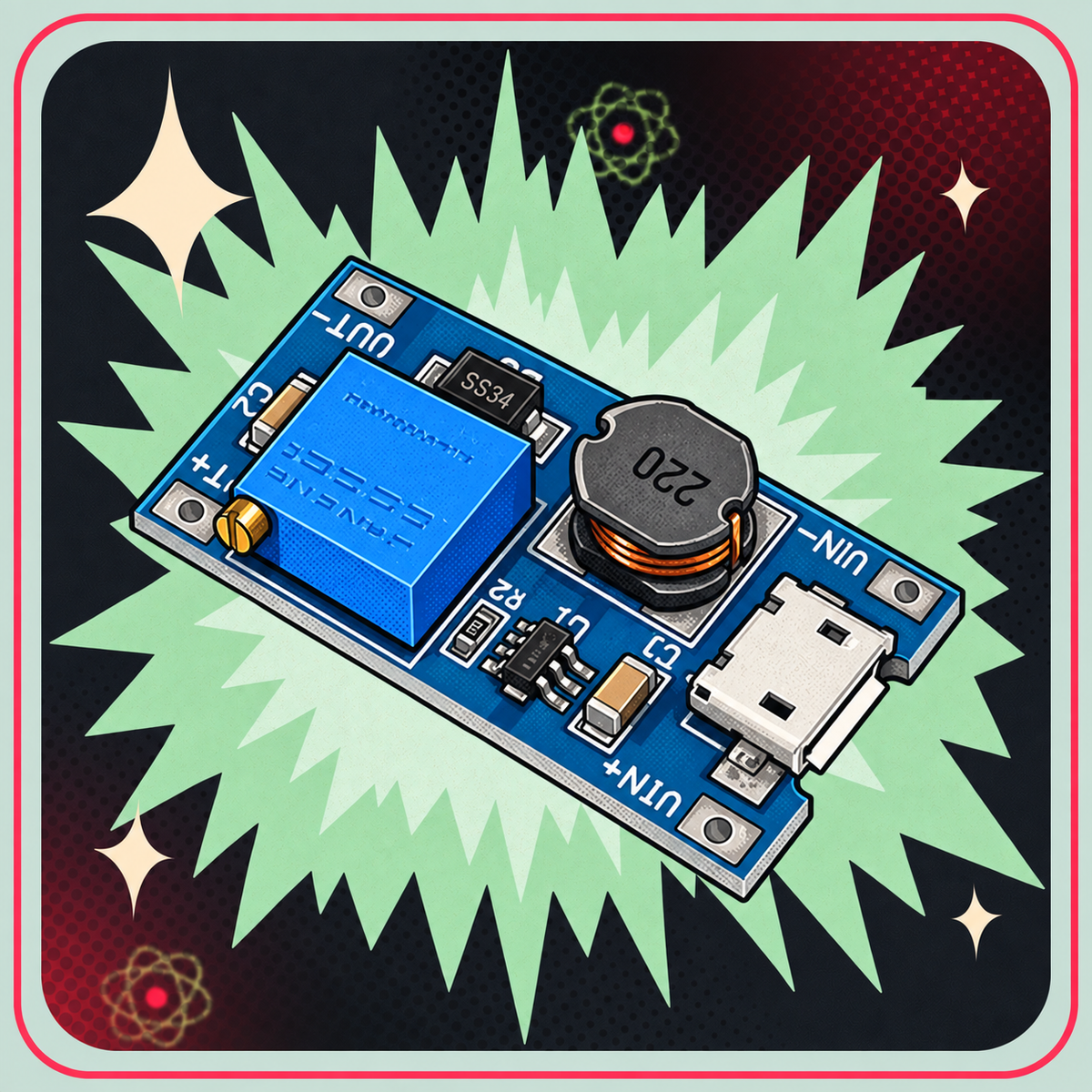 MT3608 DC-DC step up modul med MICRO USB – eBits retroillustration