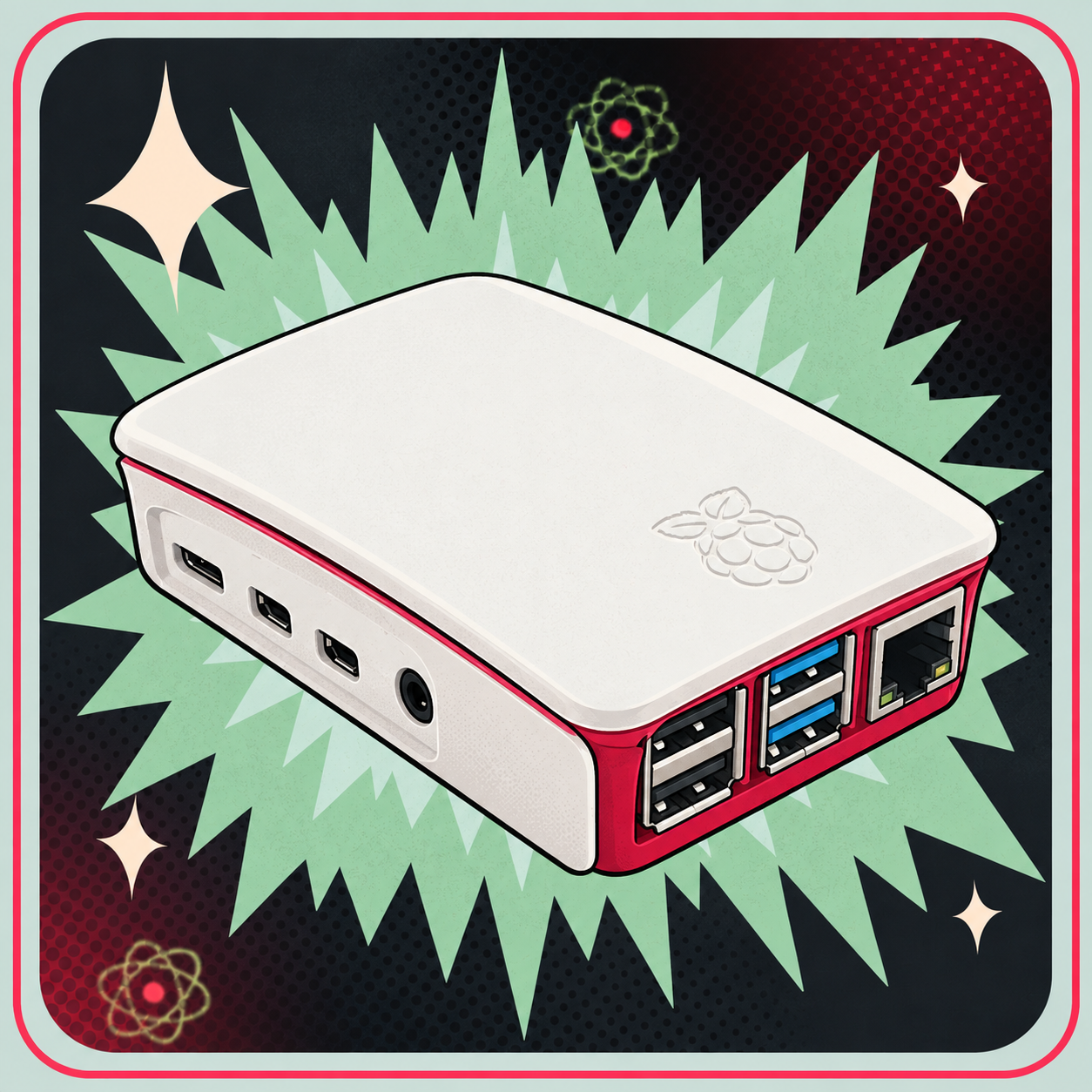 Image of Officiel Raspberry Pi 4B ABS Kabinet Rød/Hvid – eBits retroillustration