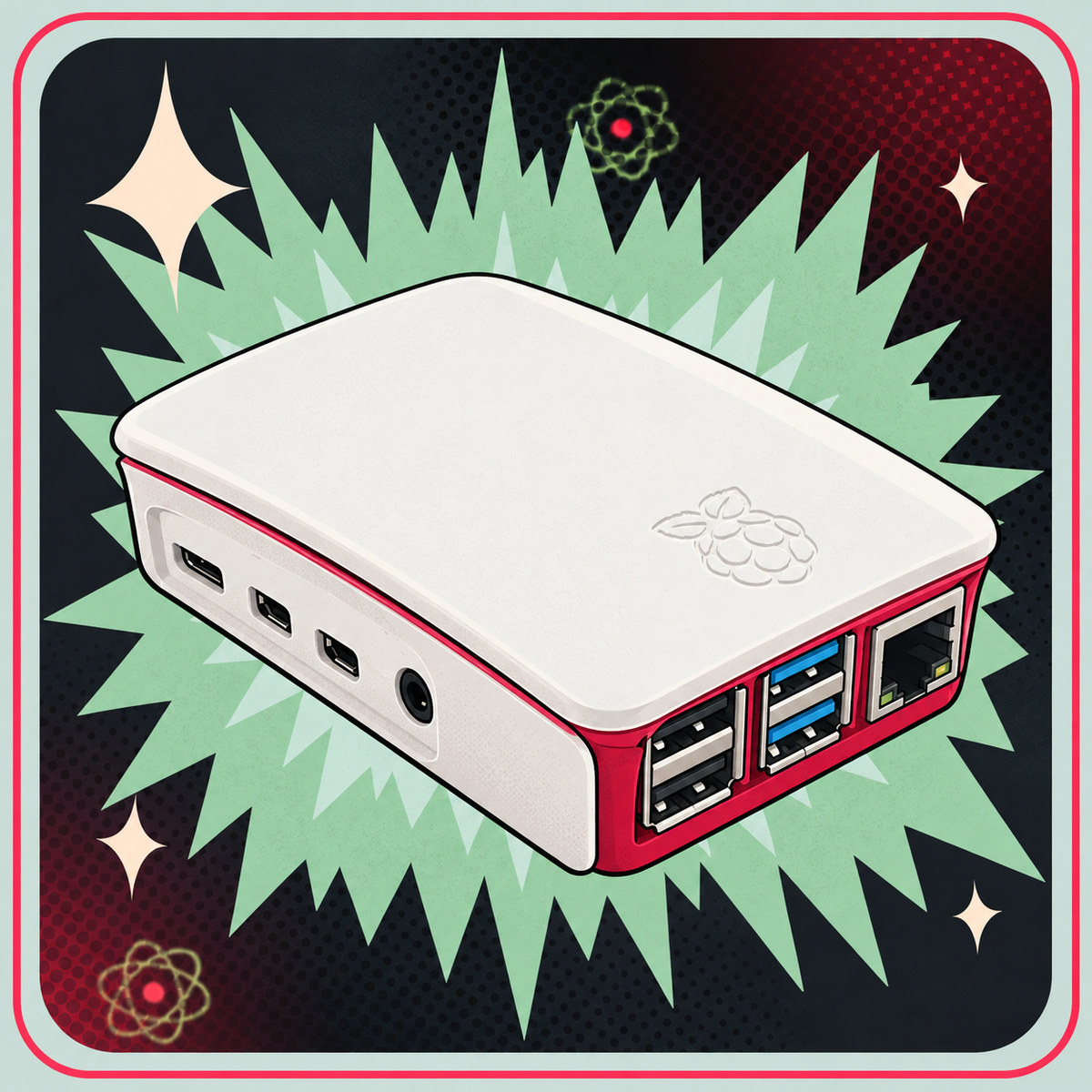 Officiel Raspberry Pi 4B ABS Kabinet Rød/Hvid – eBits retroillustration