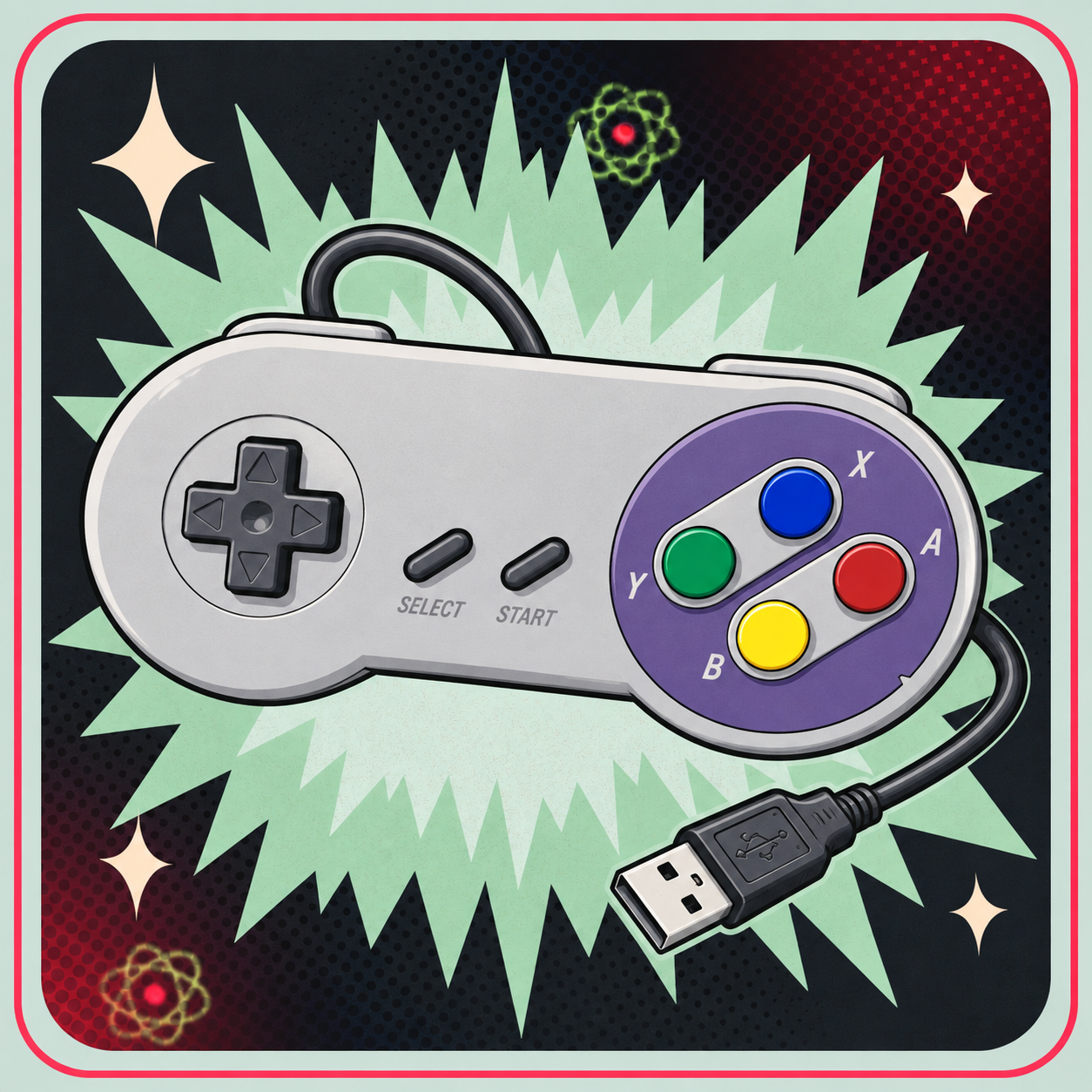 Image of USB Controller/Gamepad til Raspberry Pi “SNES” layout – eBits retroillustration
