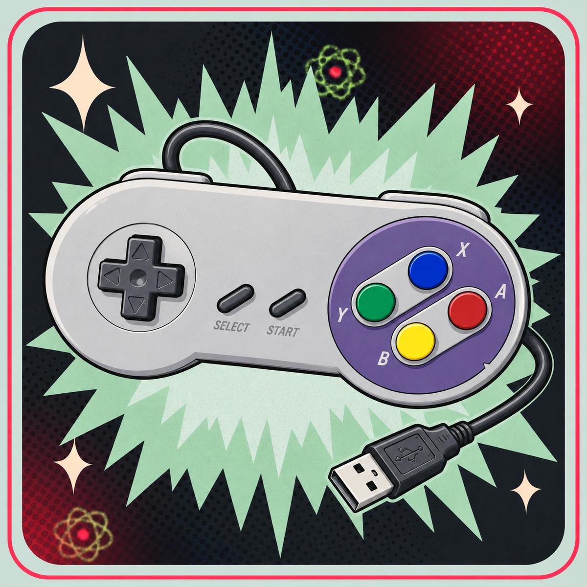 USB Controller/Gamepad til Raspberry Pi “SNES” layout – eBits retroillustration