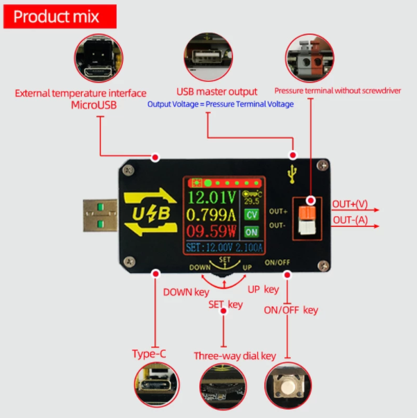 XY-UDP Strømforsyning med farveskærm USB drevet