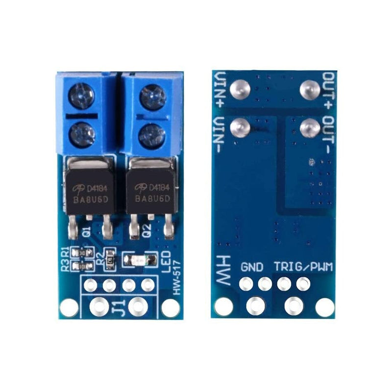 To high-power MOSFET-moduler, hvor det ene viser forsiden, og det andet viser bagsiden af high-power MOSFET-modulet.