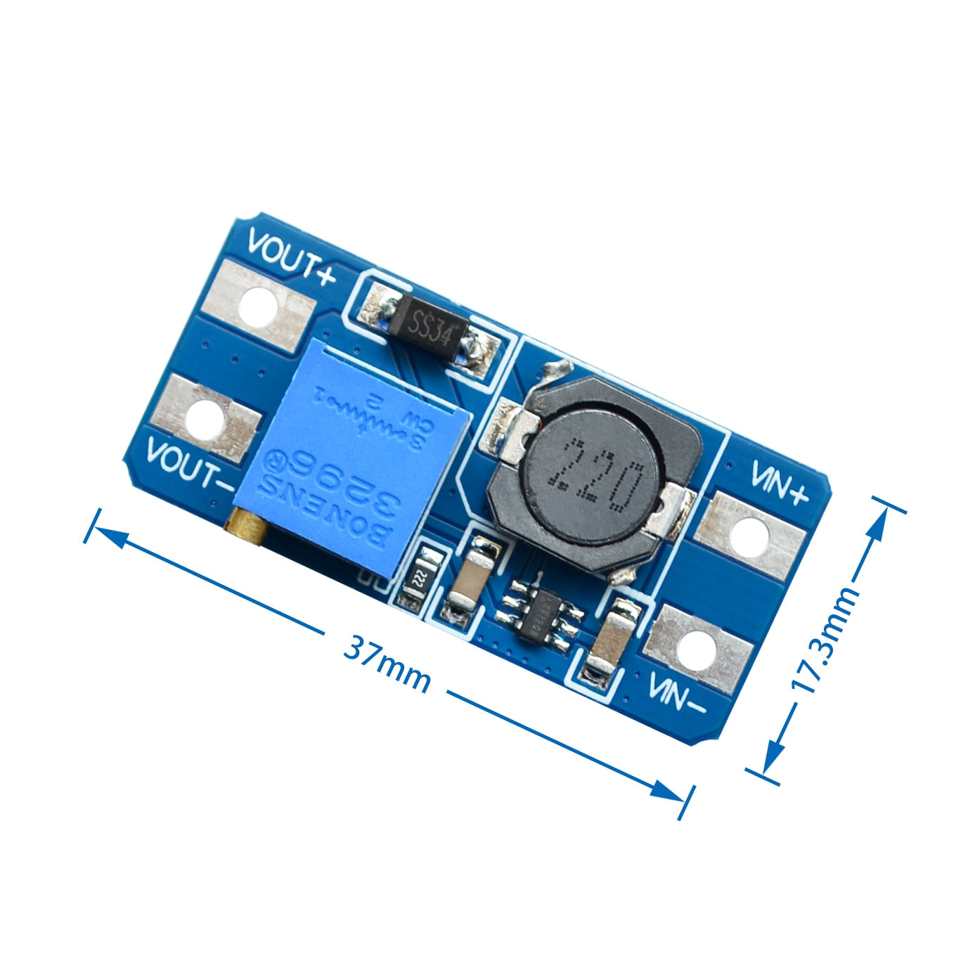 MT3608 DC-DC step up konverter med Dimensioner