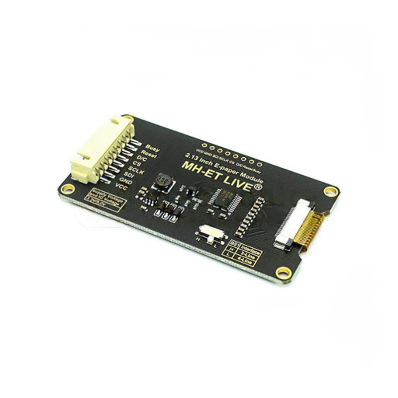 Image of bagsiden af en 2.13 tommer e-ink display med sorte og røde pixelfarver