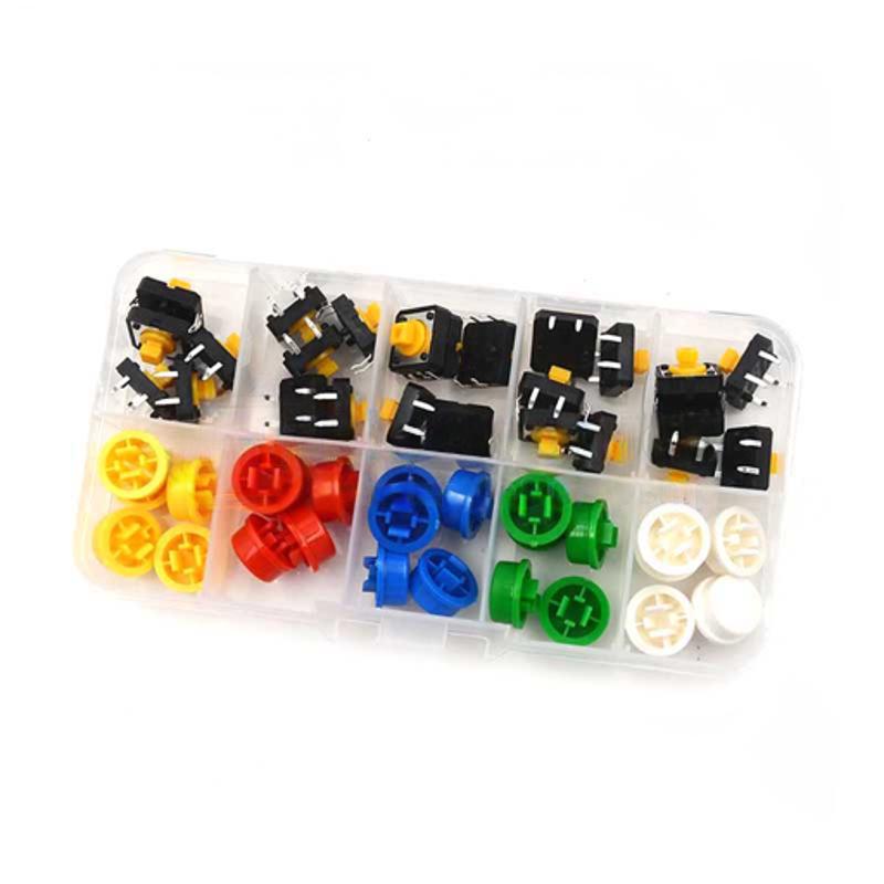 25 knapper(tact switch) og 5 styk hatte af hver farve: Rød, Blå, Hvid, Gul og Sort  i en praktisk plastik kasse