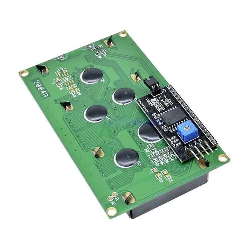 Image of bagsiden af et 20x4 LCD-display med I2C-kontrol der vender mod højre