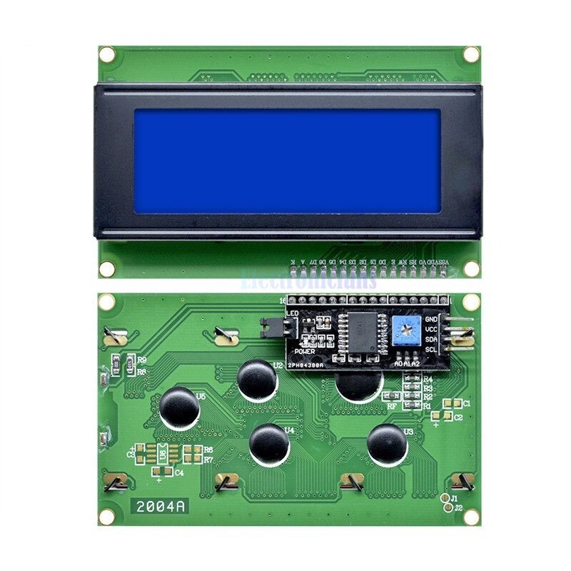 Image of forsiden og bagsiden af 20x4 LCD-display med I2C-kontrol