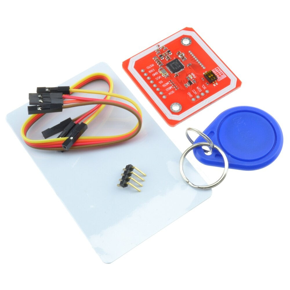 Image of PN532 NFC RFID læser inkl. nøglekort, nøglebrik, dupont kabler og pin, der vender mod højre