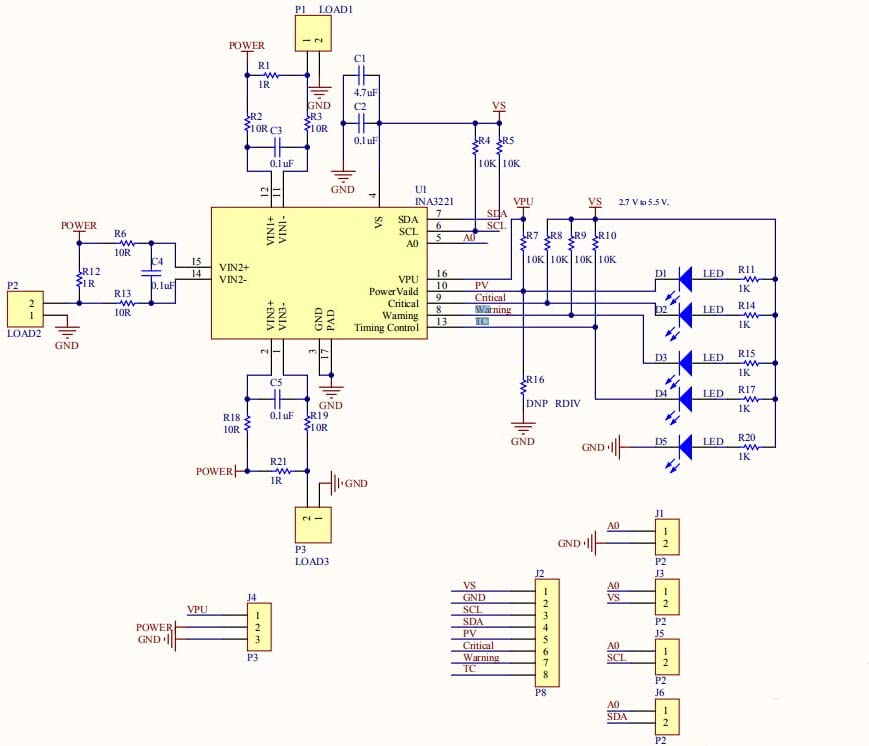 Kredsløbsdiagram af en INA3221 3 kanals spænding og strømmåler
