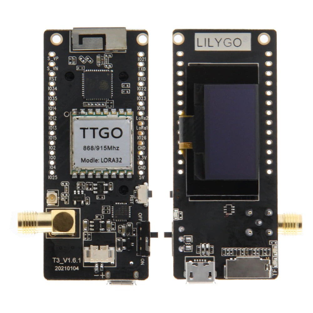 Image of forsiden og bagsiden af LILYGO TTGO LoRa32 V2.1 868MHz