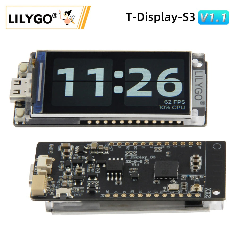 Image of LilyGO TTGO T-Display S3 ESP32-S3 med pin headers loddet på