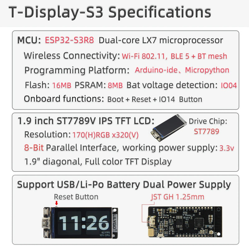 TTGO T-Display S3 ESP32-S3 med WiFi, Bluetooth og 1.9" farve LCD skærm