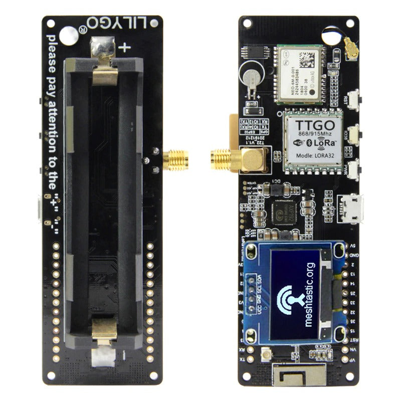 Image of forsiden og bagsiden af LILYGO TTGO Meshtastic T-Beam LoRa 868Mhz