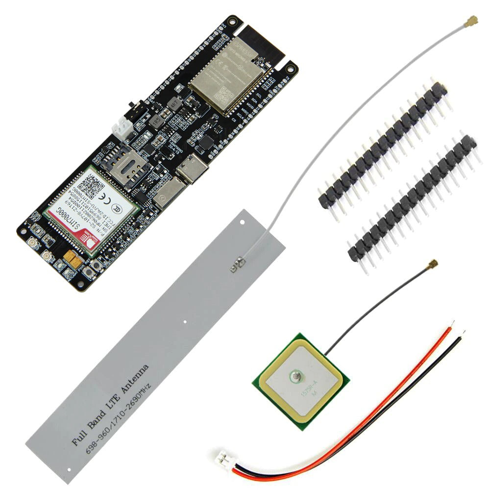 Image of 1x LILYGO TTGO T-SIM7000E SIM Udviklingsboard, 1x GPS Antenne, 1x SIM Antenne, 1x Power kabel, 2x Pins